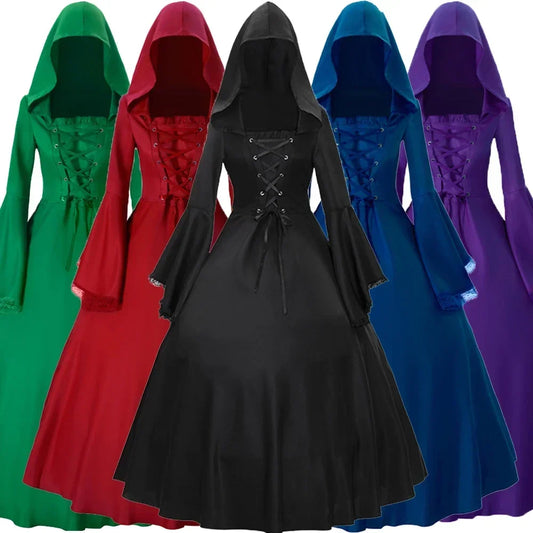 Women's Halloween Party Lace-up Cloak Cape Gothic Dresses Witch Charming Flare Sleeve Big Swing Medieval Hooded Dress Costumes - Seprincess