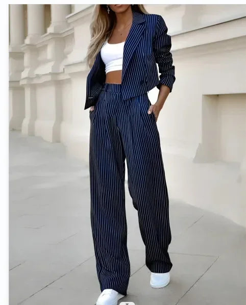 Mandylandy Casual Striped Suits Women Outfits Summer Short Style Lapel Suit Trousers Stripe Blazer Coats Straight-Leg Pants Suit - Seprincess