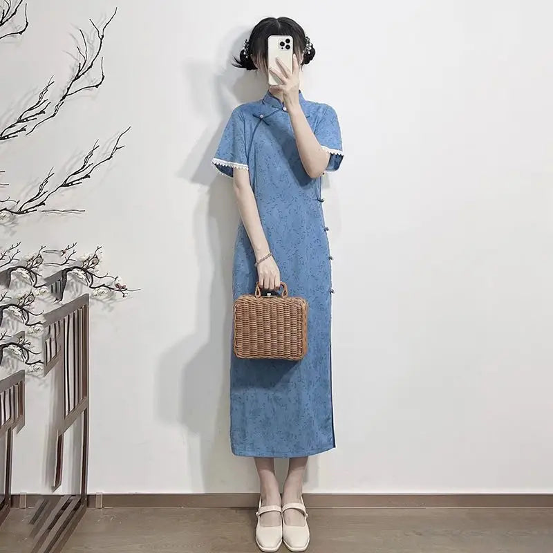 Women Qipao Dress Retro New Chinese Style Cheongsam Improved Blue Young Girl Dress Summer 2023 Classic Chinese Dress Woman - Seprincess