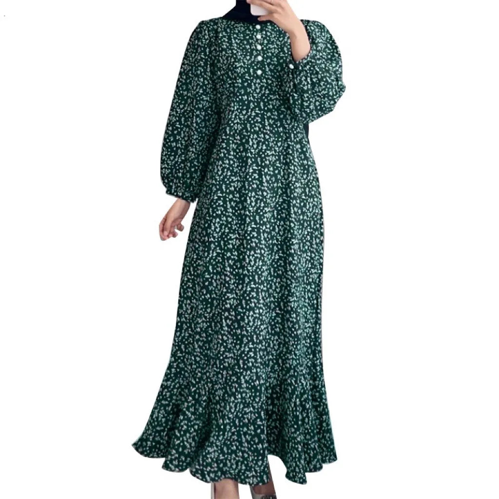 Women Fashion Loose Printed Long Sleeve O Neck Muslim Abaya Dress Vintage Ruffles Hem Sundress Robe Femme Turkey Vestido Kaftan - Seprincess