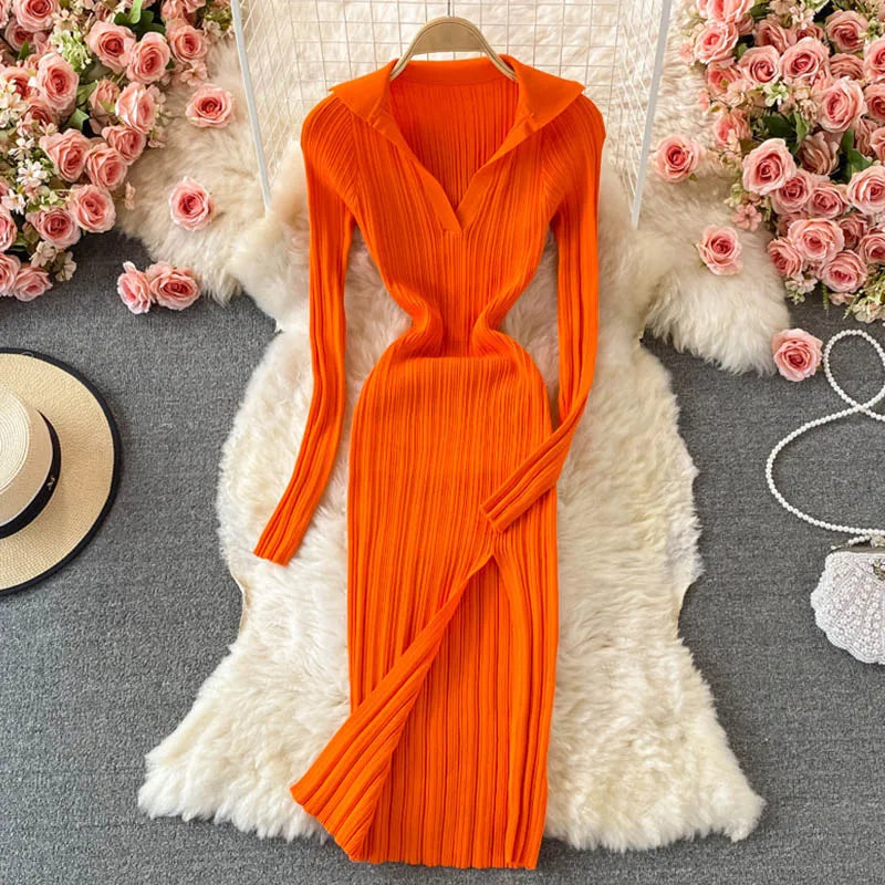 Women Korean Knitted Dress Long Sleeve V Neck Elastic Slim Pencil Dresses 2024 Autumn Sexy Bodycon Split Sweater Dress - Seprincess