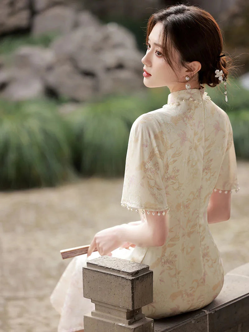 2024 Spring Traditional Cheongsam Short Sleeve Soft Vintage Dress Slim Party Wedding Costumes Elegant Long Qipao S To XXL - Seprincess