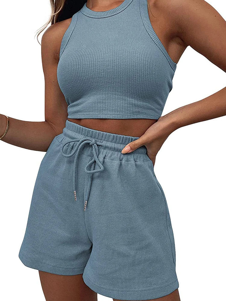 2024 Summer New Sleeveless Waffle Elegant Women's Sets Solid Color Sexy Waist Vest Casual Tethered Shorts Female's Two-Piece Set