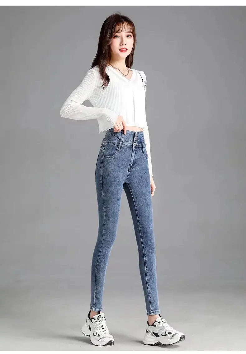 Thickened High-waisted Fleece-lined Jeans Women's Black Grey Slimming Winter 2021 New Style Tightening Integrated Velvet Pants