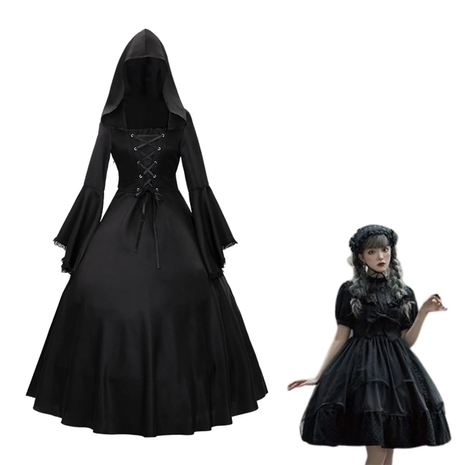 Gothic Medieval Dresses Retro Fashion Big Swing Long Sleeve Lace Up Hooded Dress Lace Flare Sleeve Dress Halloween Costumes - Seprincess