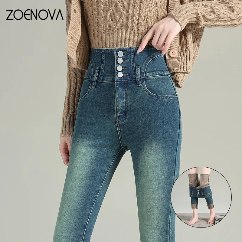 ZOENOVA Autumn Winter Streetwear Women Fleece Warm Jeans Fashion Casual Slim Versatile High Waist Elastic Velvet Soft Leggings