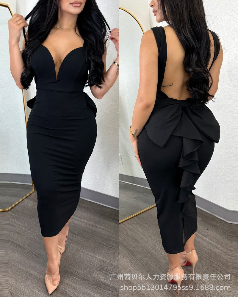 New Women's Backless Ruffles Patchwork Dress 2023 Elegant Sexy Evening Party Dress Women's Spaghetti Strap V-neck Slim Fit Dress - Seprincess