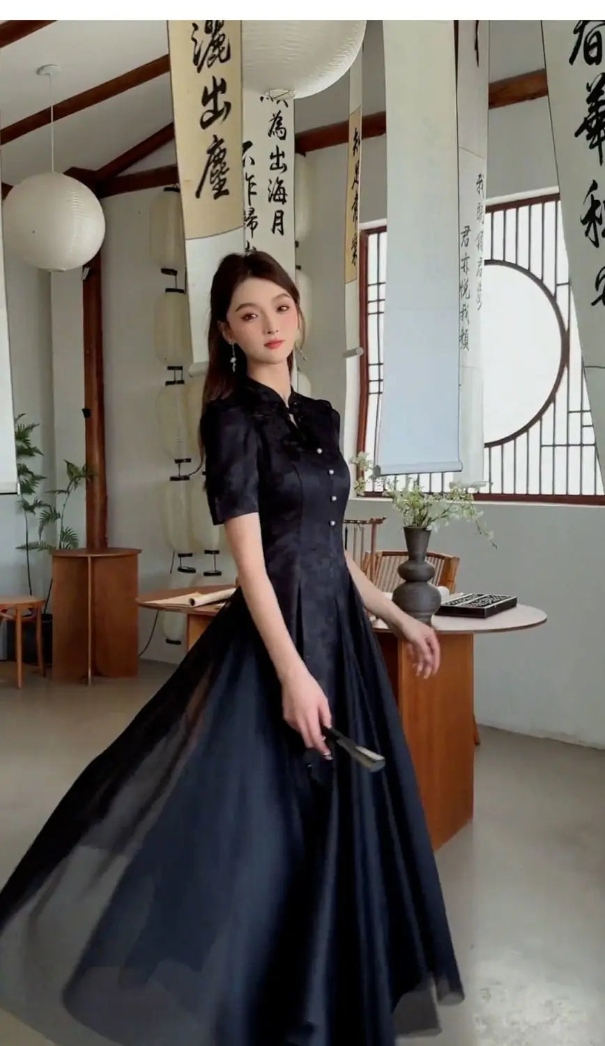 Women Fashionable New Cheongsam Black Advanced Mysterious Dress Qipao Improvement New Chinese Style Elegant Dress Summer - Seprincess