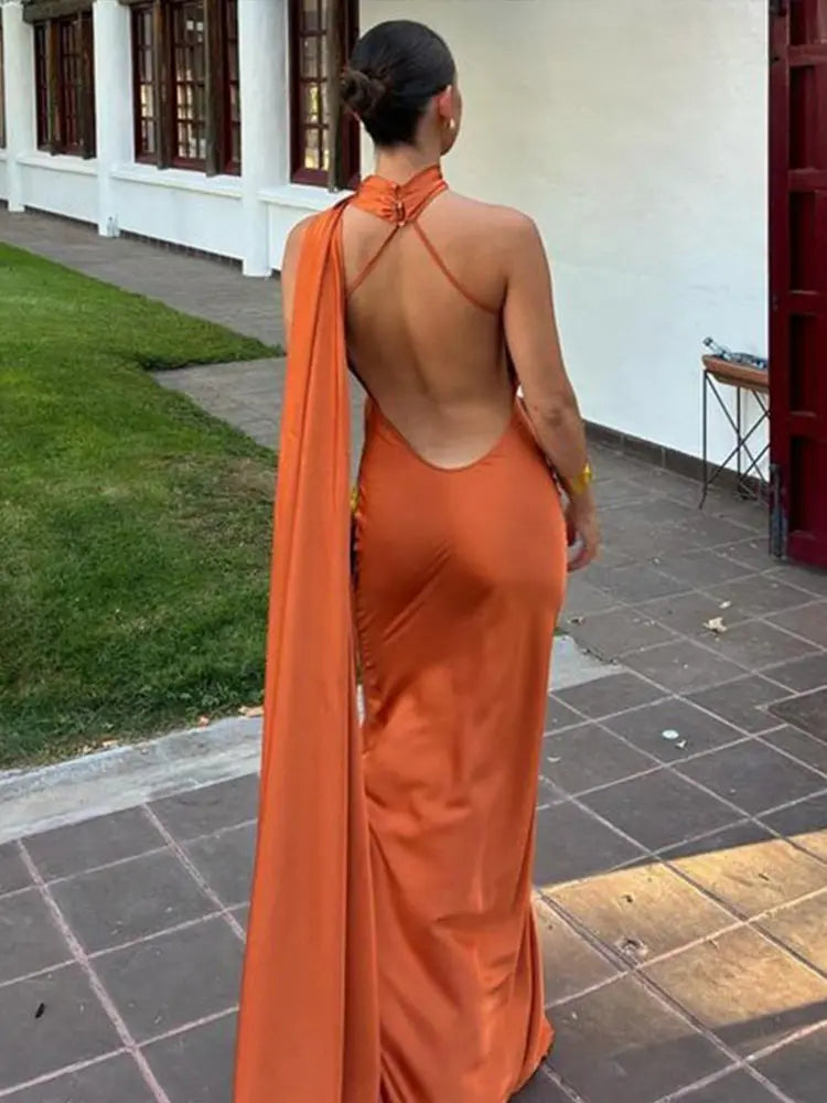 Elegant Satin Halter Slim Long Dress With Scarf Women New Sexy Backless Sleeveless Maxi Dresses Summer Lady Party Chic Vestidos - Seprincess