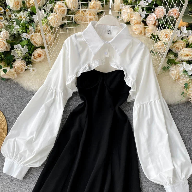 Autumn Women Sexy Black Spaghetti Strap Dress and White Long Sleeve Blouses Crop Tops Korean Fashion Mini Vestidos - Seprincess