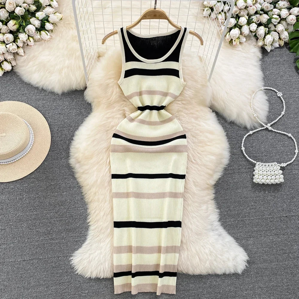 Chic Stripe O-neck Knit Elastic Bodycon Dress Sexy Beach Vacation Sundress Women Casual Slim Pencil Vestidos Maxi Long Dress - Seprincess