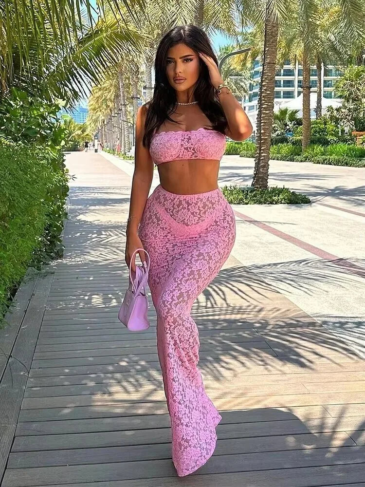 Avrilyaan Lace Perspective Sexy Party Two Piece Set Strapless Crop Top And Midi Skirts 2 Pieces Set Women 2024 Summer Outfits