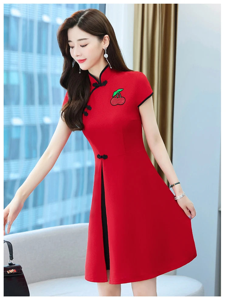 Chinese Style Summer Improved Cheongsam Slim Midi Short Sleeve Modern Qipao Dress Women Clothing CNY - Seprincess