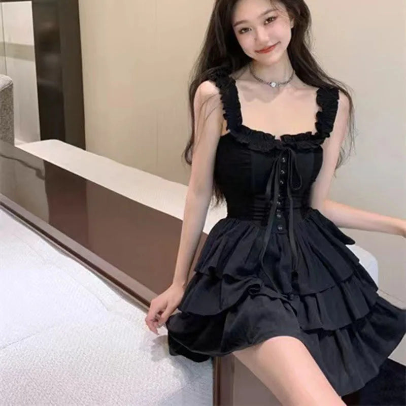 Gothic Black Sexy Slip Dress Y2K Harajuku Streetwear Punk Lace Up Cake Dress Female Summer Korean Fashion Party Ruffles Dresses - Seprincess