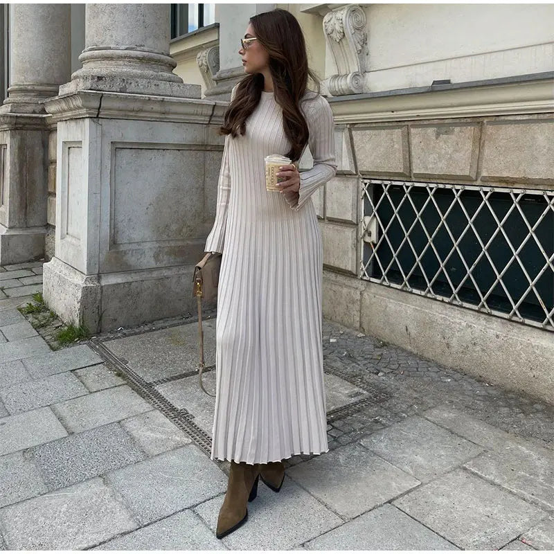 Women Elegant Solid Pleated Knitted Maxi Dress Casual Round Neck Long Sleeve Lace Up Dresses 2024 Autumn Lady High Street Robes - Seprincess