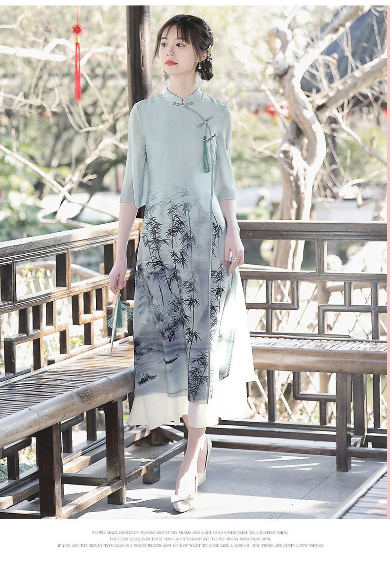 Improved Cheongsam 2024 Women's Summer High-end Chiffon Long Dress Inverted Big Sleeves Plus Size Retro Girl Chinese Style Hanfu - Seprincess