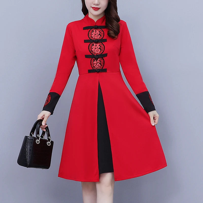 Women's Autumn New Red Festive Dress Slim Retro Improved Cheongsam Chinese Traditional Qipao Dress Plus Size M-5XL