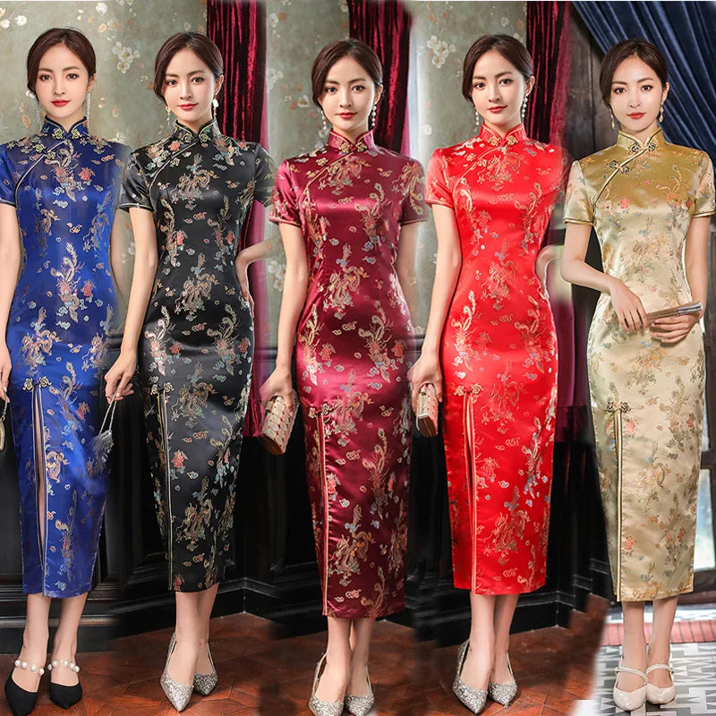 Large Size Sexy Slim Long Qipao Dress Women Retro Elegant Cheongsam Short Sleeve Brocade Dragons and Phoenixes Clothes Vestidos - Seprincess