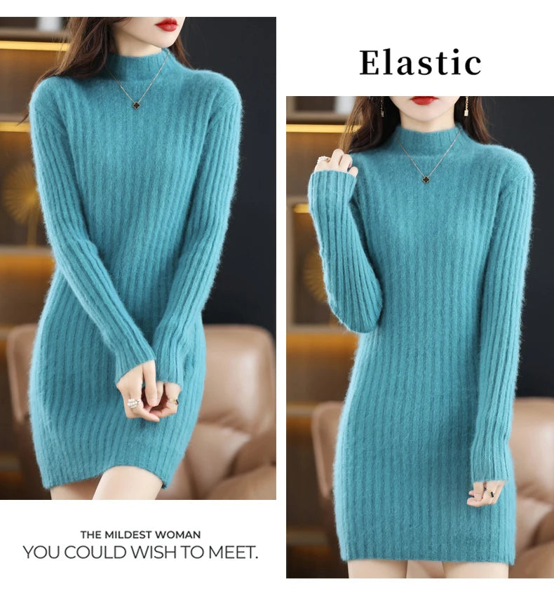 Women's High Collar Winter Warm Long Sleeve Solid Mink Cashmere Korean Version Loose Luxury Soft Cashmere Knitted Fit Dress