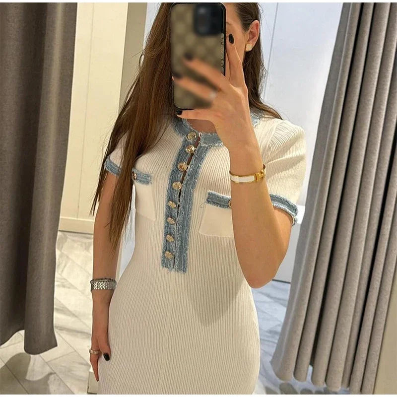 Elegant Contrasting Women Knit Maxi Dress Chic O-neck Short Sleeve Metal Buttons Bodycon Dresses 2024 Office Lady Commuting Robe - Seprincess