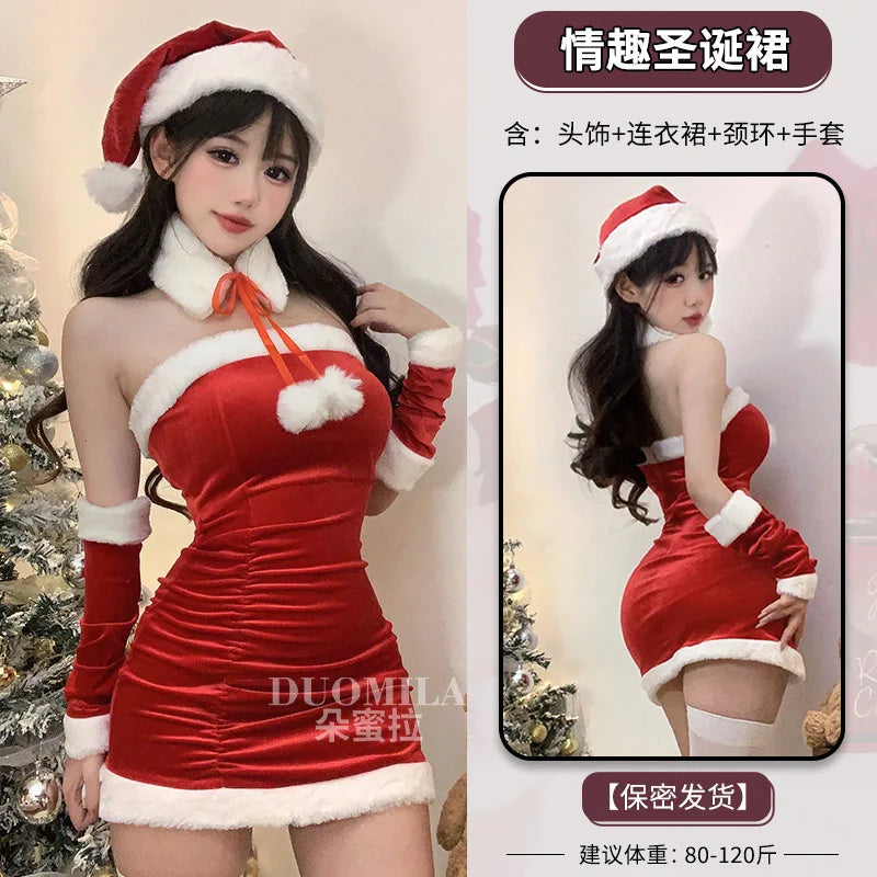 Fashion Sexy Korean Women Christmas Decoration Short Dress Elegant Velvet Sexy Female Cosplay Halloween Performance Dress 6BVH - Seprincess