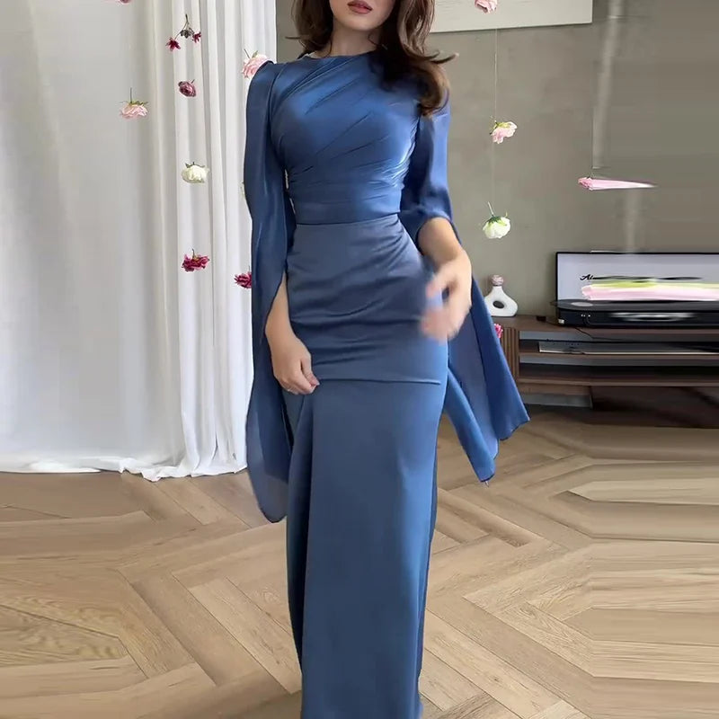 Fashion Satin Solid Robe Dress Ladies Temperament O-neck Slim Evening Dress Elegant Batwing Sleeves High Waist Pleats Long Dress - Seprincess