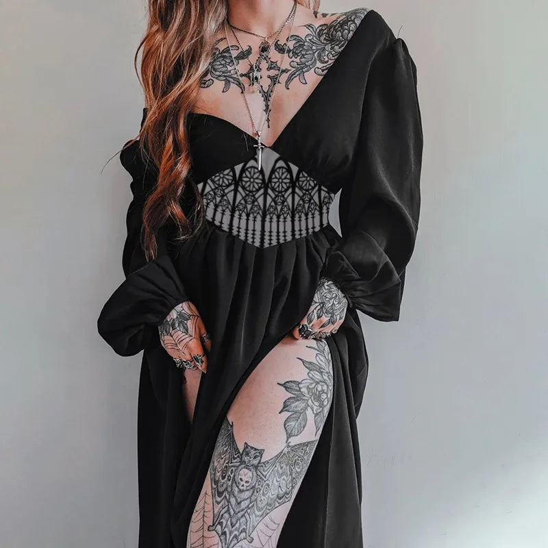 Fashion Hipster Slim Print Waist Big V-neck Dress Woman Halloween Party Black Dress Mysterious Witch Renaissance Daily Cosplay - Seprincess