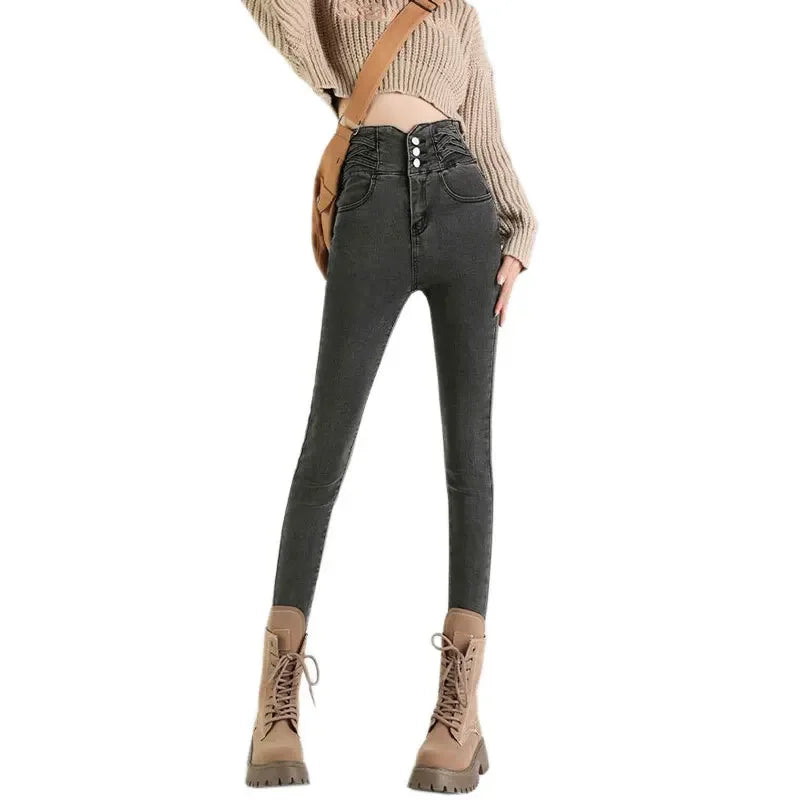 High-Waisted Slimming Jeans For Women - Elastic Waist And Slim Fit Design New Charcoal Grey Mid Waist Tightening Pants