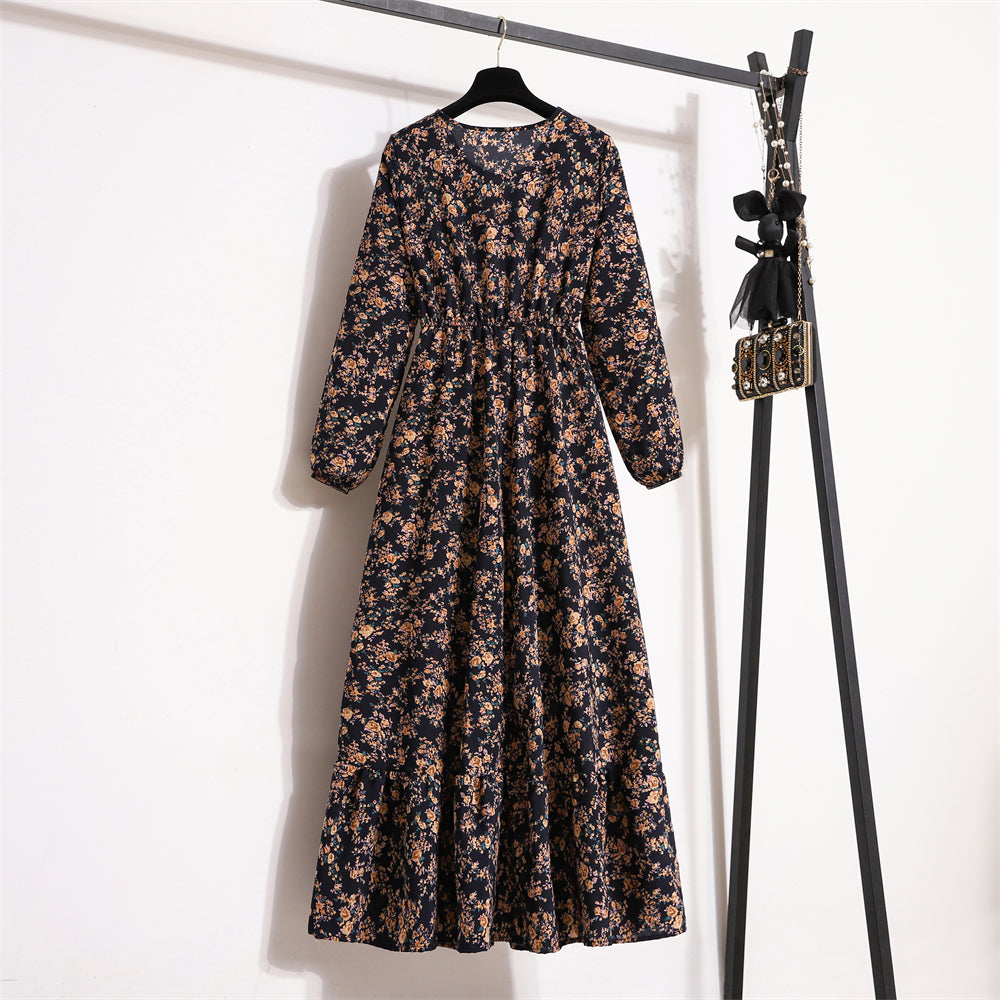 Autumn Spring Chiffon Dresses Fashion Female Full Sleeve Vintage Printed Floral Casual Long Dress Women Maxi Dresses Vestidoes - Seprincess