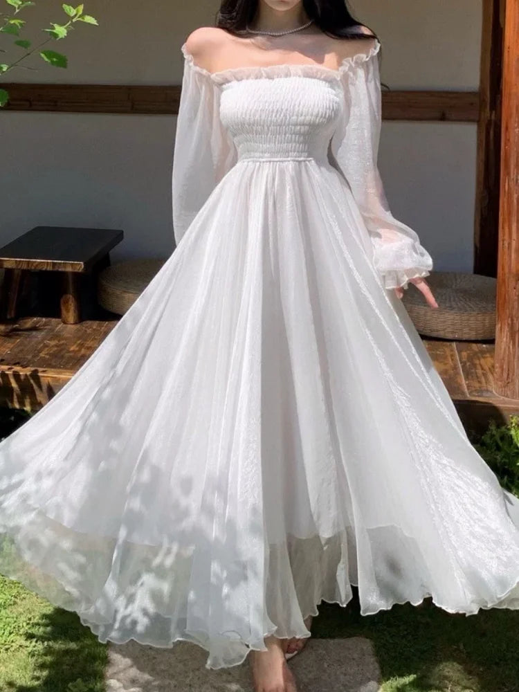 Horetong Elegant Maxi Dresses For Women White Off Shoulder Puff Long Sleeve Elastic High Waist Party Gown Ruffle Holiday Dress - Seprincess