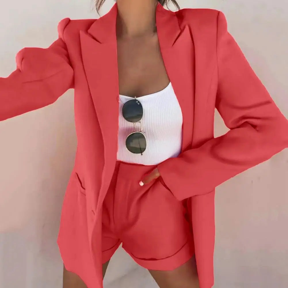 Fashion Casual Cardigan Blazer Shorts 2024 Spring Pocket Design Lady Business Cardigan Coat Shorts Set Office Outfit Short Suits - Seprincess