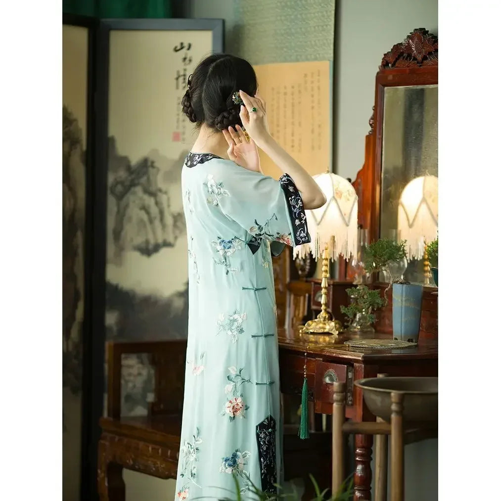 2023 Summer Elegant Round Neck Floral Printed Short Sleeved Cheongsam Qing Dynasty Dresses for Women Vietnamese Party Dress - Seprincess