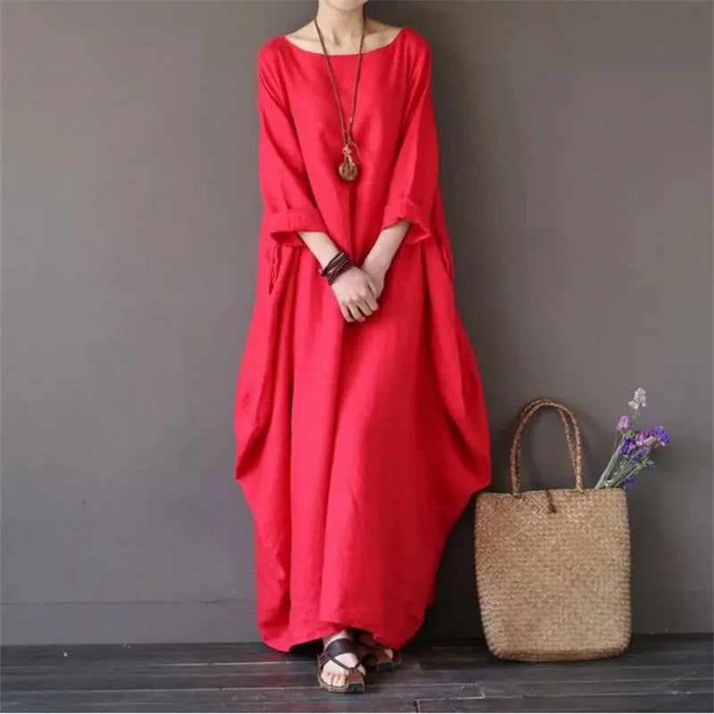 2022 Spring New Loose Size Round Neck Mid-Sleeve Large Swing Cotton And Linen Long Dress - Seprincess