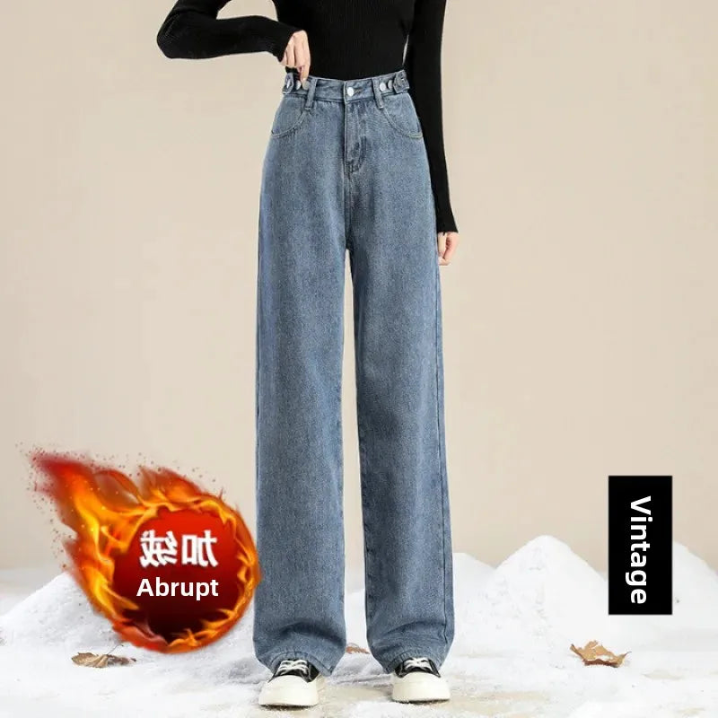 Thickened Fleece-Lined Warm Straight-Leg Jeans Design Adjustable High-Waisted Slimming Bell Bottoms Winter New Arrival