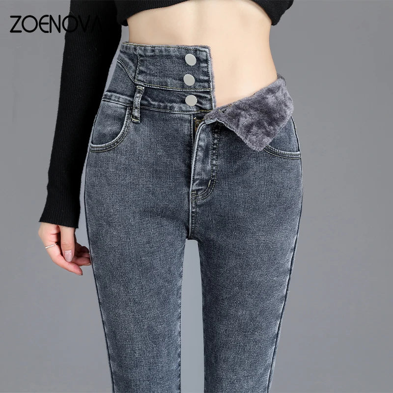 ZOENOVA Autumn Winter Streetwear Women Fleece Warm Jeans Fashion Casual Slim Versatile High Waist Elastic Velvet Soft Leggings