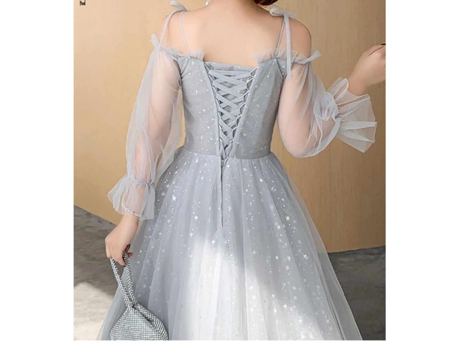 Grey Bridesmaid Dresses Elegant Women Applique Off The Shoulder Floor Length Tulle Wedding Party Dress Formal Prom Gowns - Seprincess