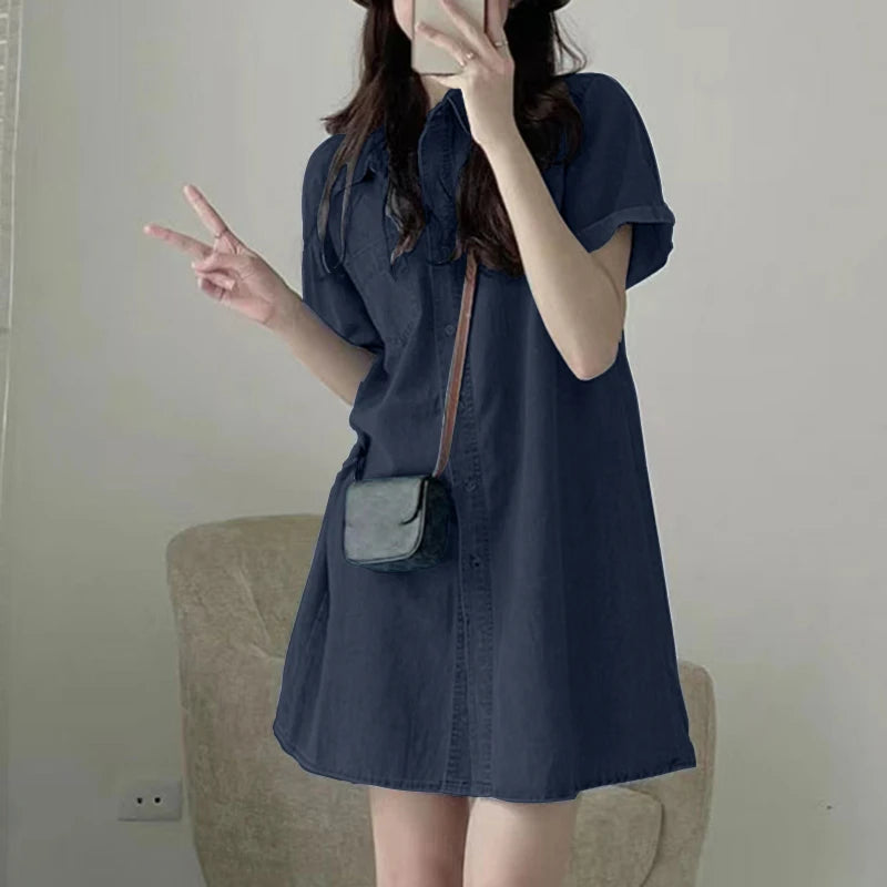 ZANZEA Summer Women Jeans Dress Vintage Short Sleeve Denim Sundress Causal Shirt Vestidos Retro Lapel Kaftan Loose Work Dresses - Seprincess