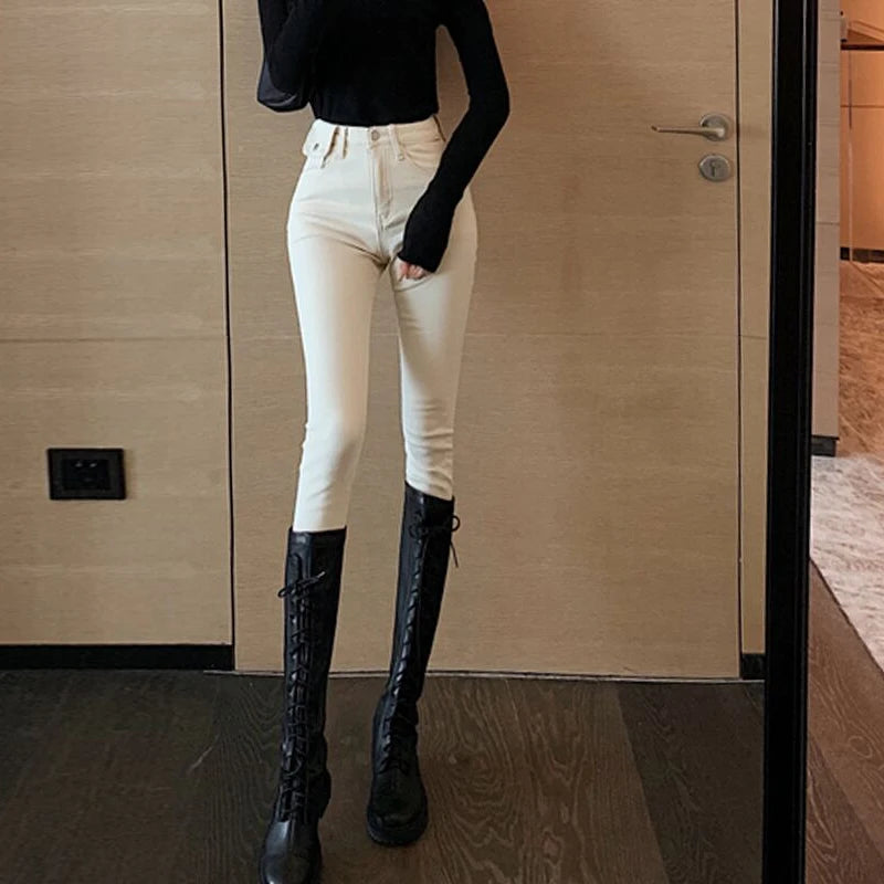 Jeans Women Spring 2023 Fashion Beige High Waist Leggings Skinny Label Pencil Pants Boots Pants