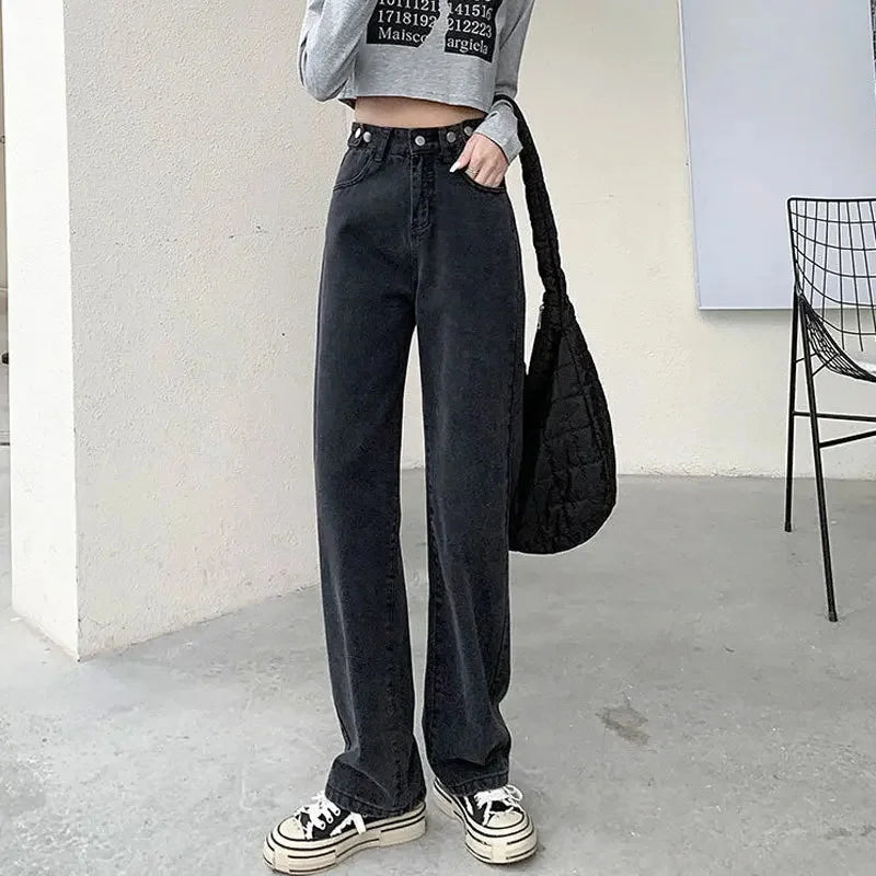 Multi-Button Wide-Leg Women's Jeans New Style Adjustable High-Waisted Straight-Leg Long Pants Loose Fit Niche Style