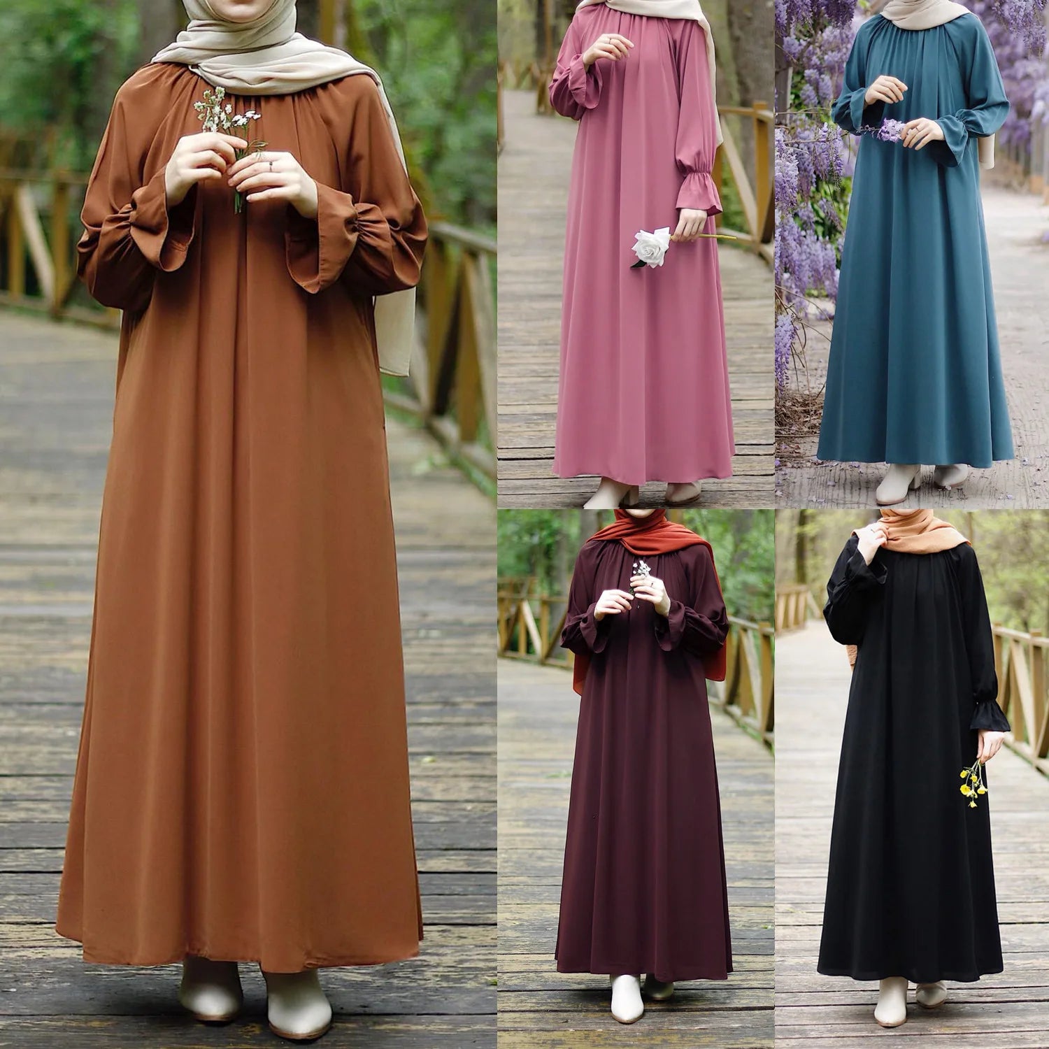 Fashion Chiffon Muslim Abaya Autumn Long Sleeve Wear With Pockets Femme Dress Islamic Clothing For Women Kaftans Solid - Seprincess