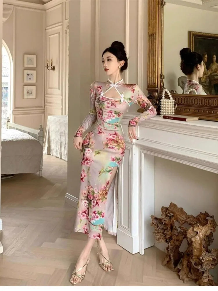 150kg 5XL Large Size Vintage Chinese Cheongsam Print High Split Bodycon Maxi Dress Plus Size Long Sleeve Qipao Long Vestidos - Seprincess