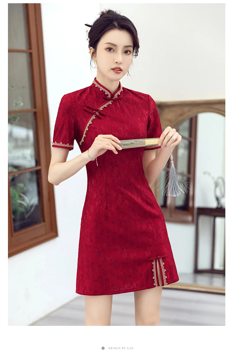 Traditional Chinese Clothing Red Cheongsam Summer New Modern Improved Young Short Qipao Dress New Year CNY - Seprincess