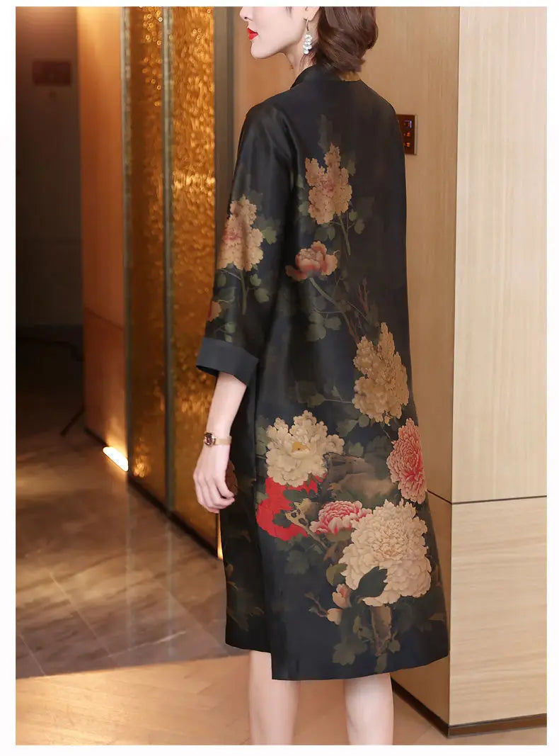 2024  chinese style disc buckle loose style printed cheongsam dress women spring stand collar retro daily long qipao skirt w300 - Seprincess