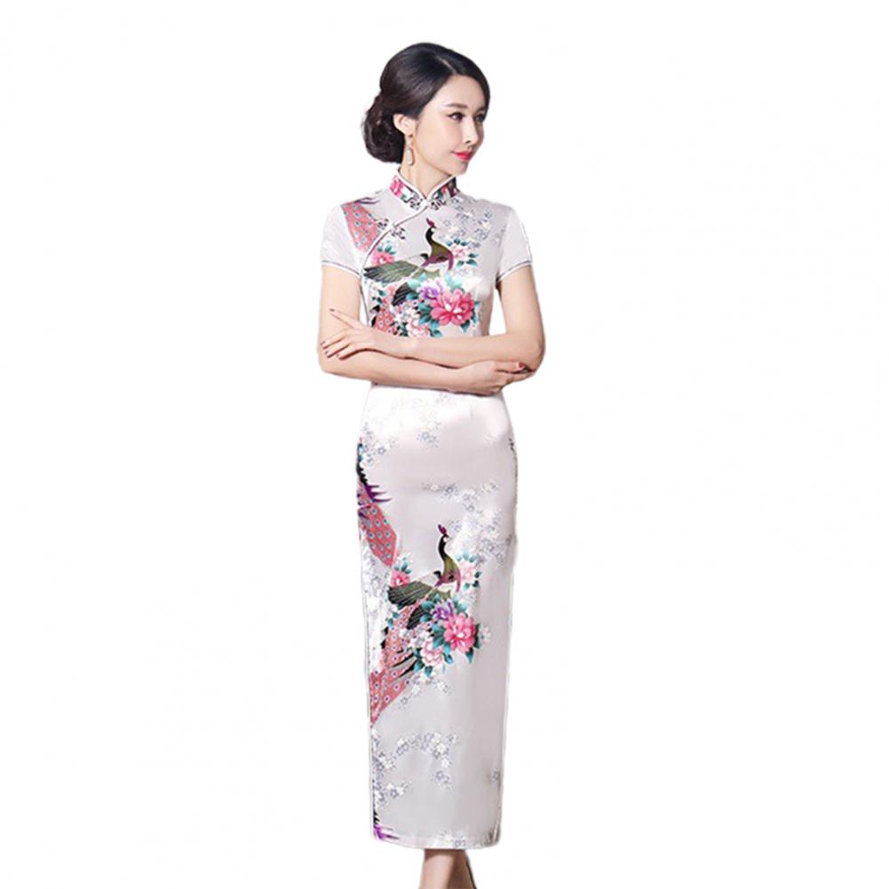 Chinese Style Qipao Satin Cheongsam Floral Embroidery Classic Wedding Evening Party Dress High Split Silky Plant Lady Dress - Seprincess