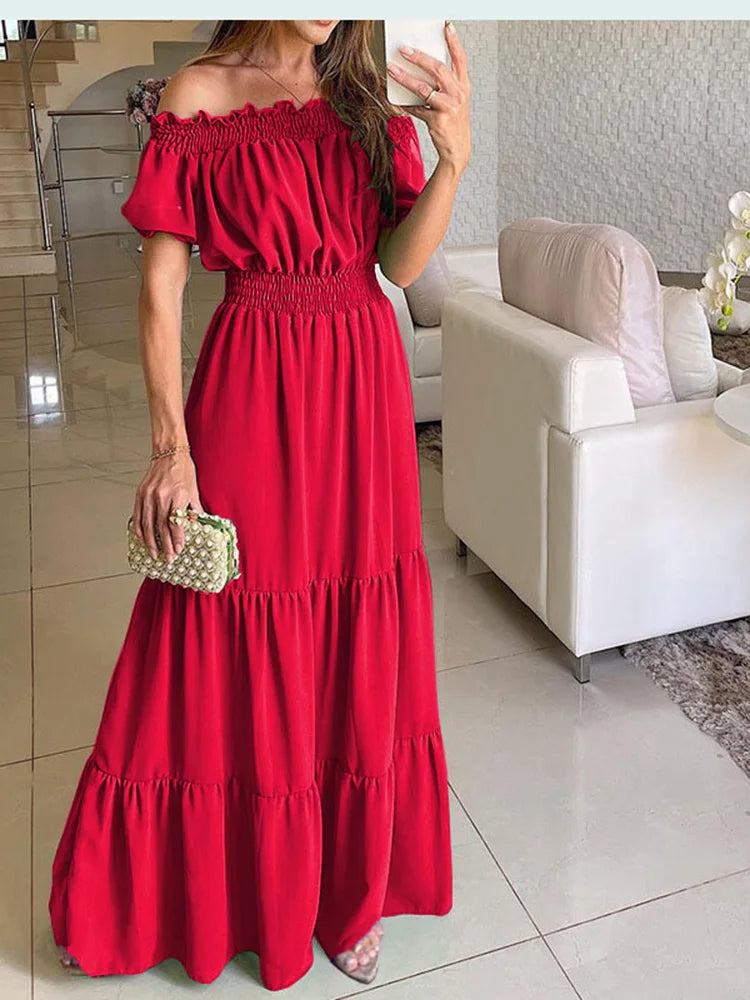 2024 Summer Solid Boho Dress Women Fashion Elegant Beach Party Dress Casual Slash Neck Office Maxi Dresses For Woman Robe Femme - Seprincess