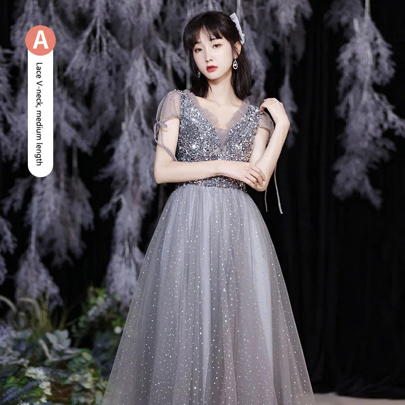 Grey Bridesmaid Evening Dress Women Off Shoulder Sequins Wedding Party Vestidos Fairy Temperament Sisters Group Gown Summer - Seprincess