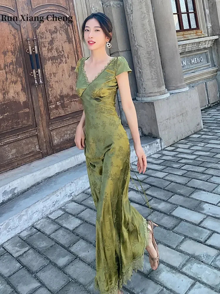 2024 Elegant Women's V-Neck Backless Satin Jacquard Long Dress Chic Turquoise Green Slim Fit Sexy Evening Gown for Party Events - Seprincess