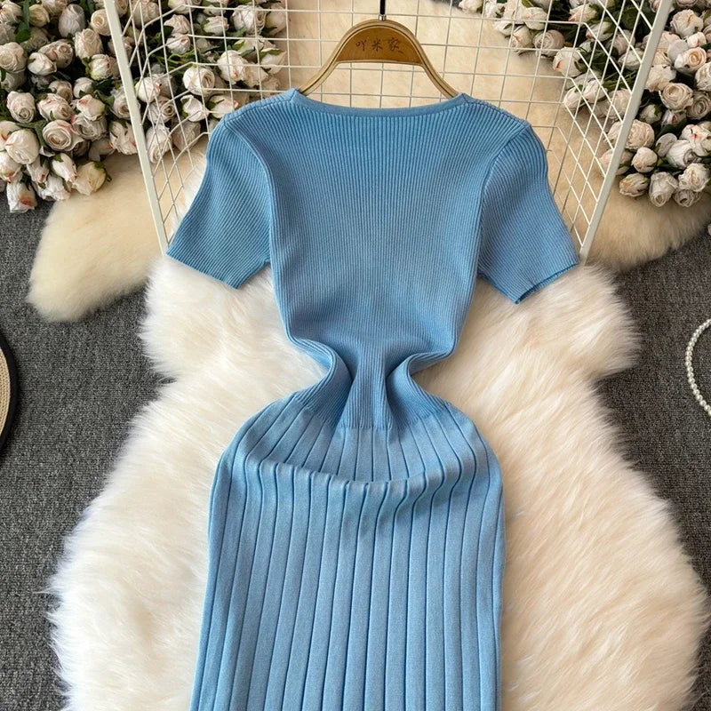 Elegant Knitted Long Dress Women Summer V Neck Single Breatsed Short Sleelve Bodycon Dresses Fashion Party Office Lady Vestidos - Seprincess