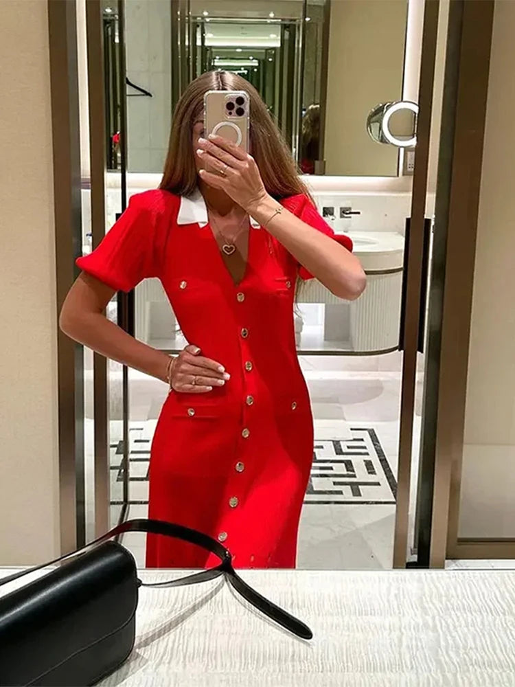 V-Neck Bubble Sleeved Knitted Beach Dresses Waist Cinched Hollowed Out Slimming Red Long Dress Single Breasted Button Women Robe - Seprincess