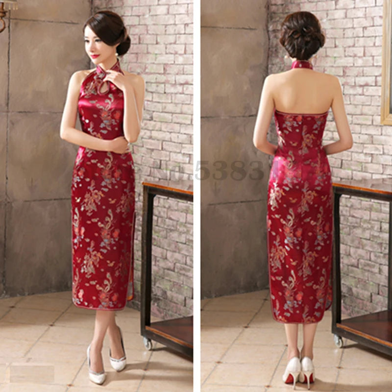 Plus Size 3XL Qipao Sexy Backless Sleeveless Cheongsam Retro Classic Brocade Chinese Vestidos Traditional Printed Flower Dress - Seprincess